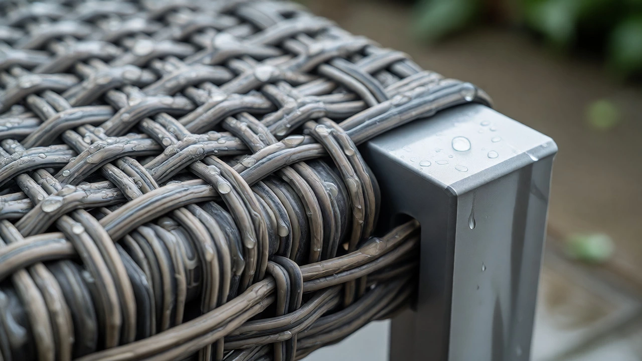 Close-up of HDPE wicker and powder-coated aluminum furniture resisting rain moisture.