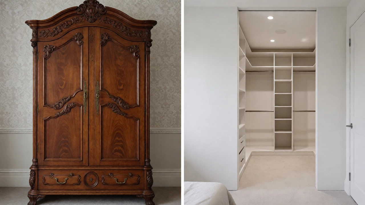 Comparison of ornate UK wardrobe and modern US walk-in closet