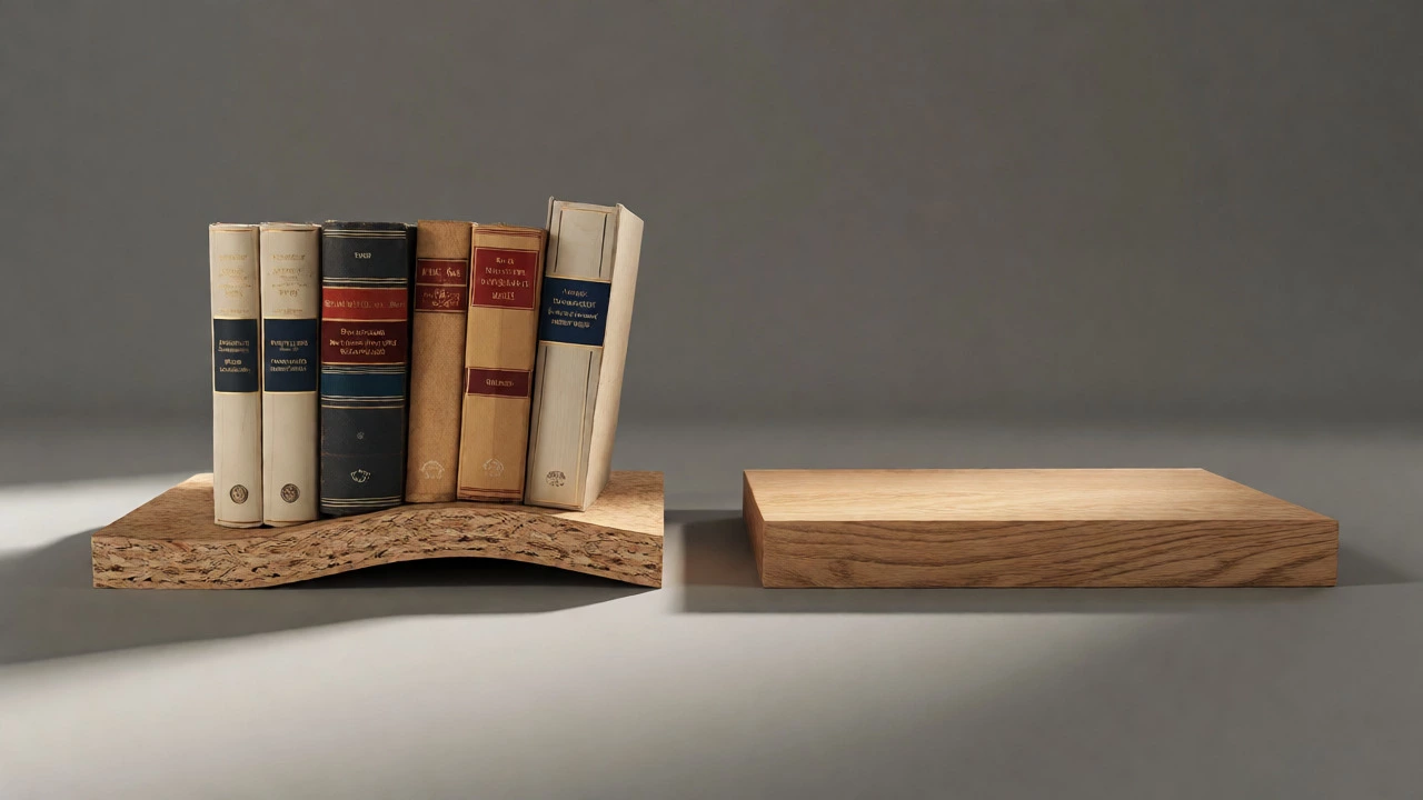 Comparison of sagging particleboard versus sturdy oak shelving under weight