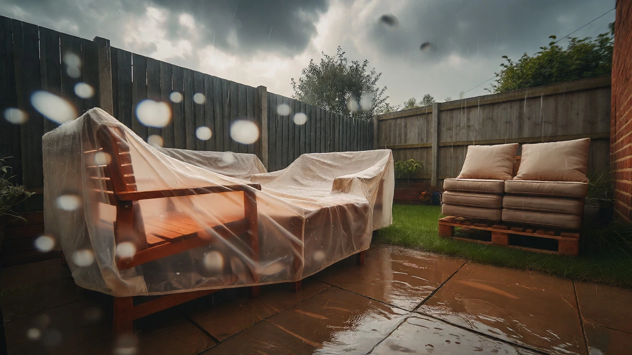 Covered acacia furniture and stored cushions protecting against heavy UK rainfall.