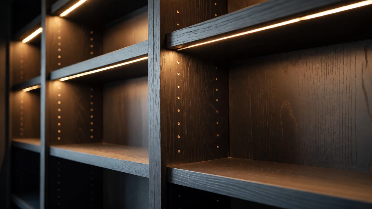 Dark charcoal bookcases with integrated LED shelf lighting