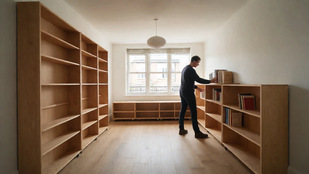Freestanding bookcases mimicking built-ins in a modern flat