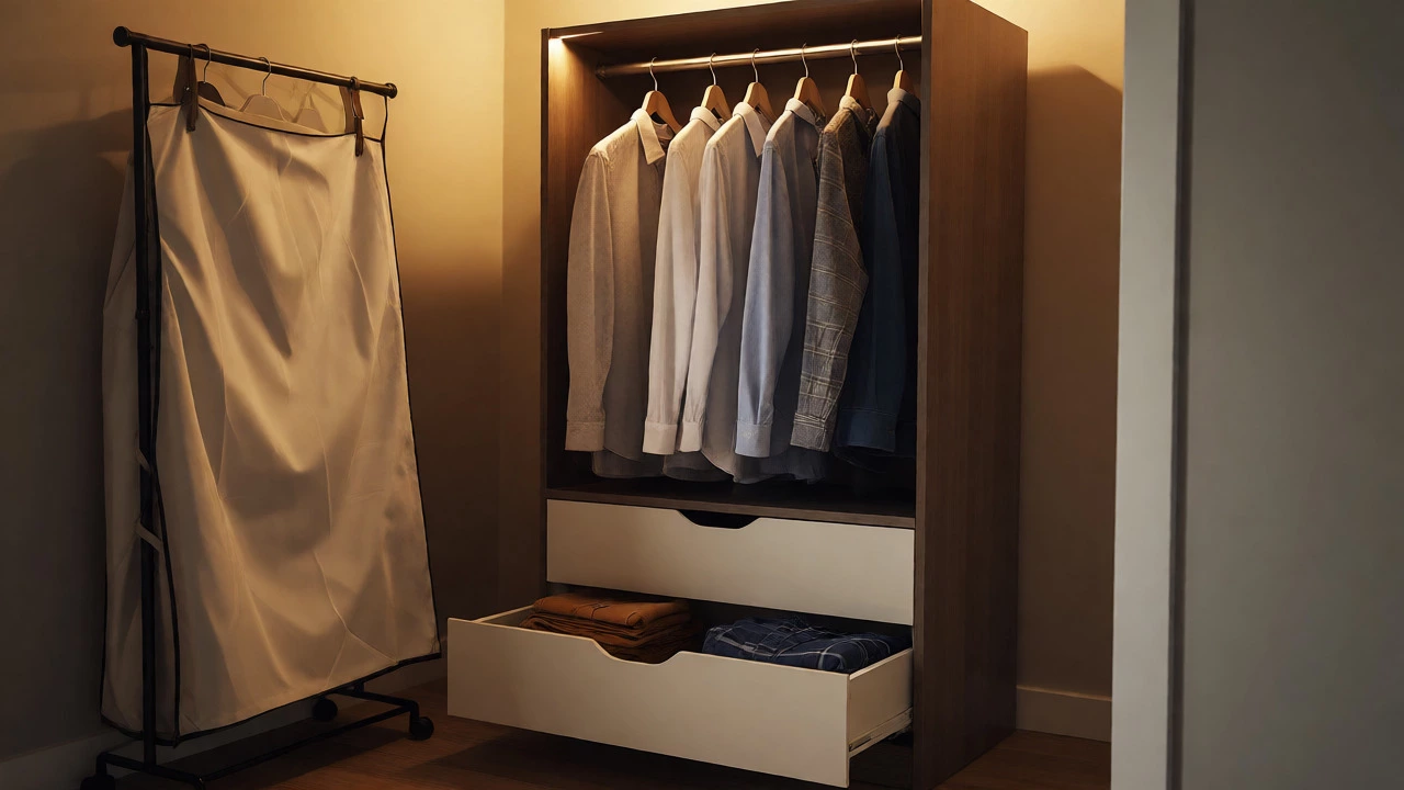Hybrid vertical chest of drawers with hanging rail holding shirts and folded clothes
