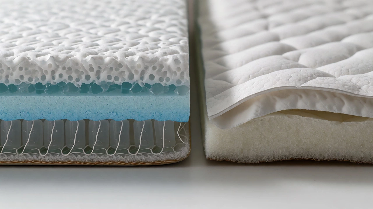 Macro comparison of premium mattress foam layers versus thin, low-density budget mattress materials.