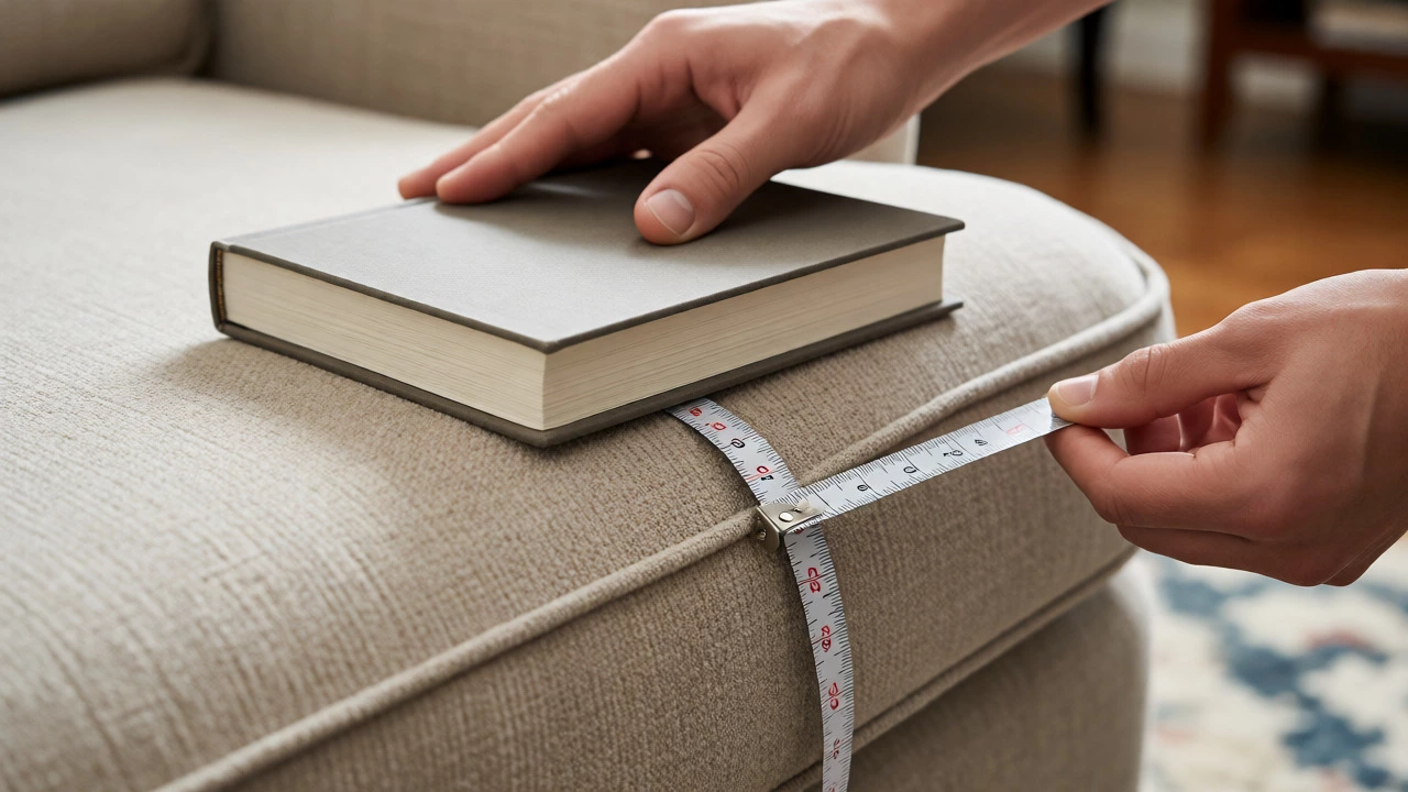 Measuring sofa seat height with a book and tape measure for accuracy