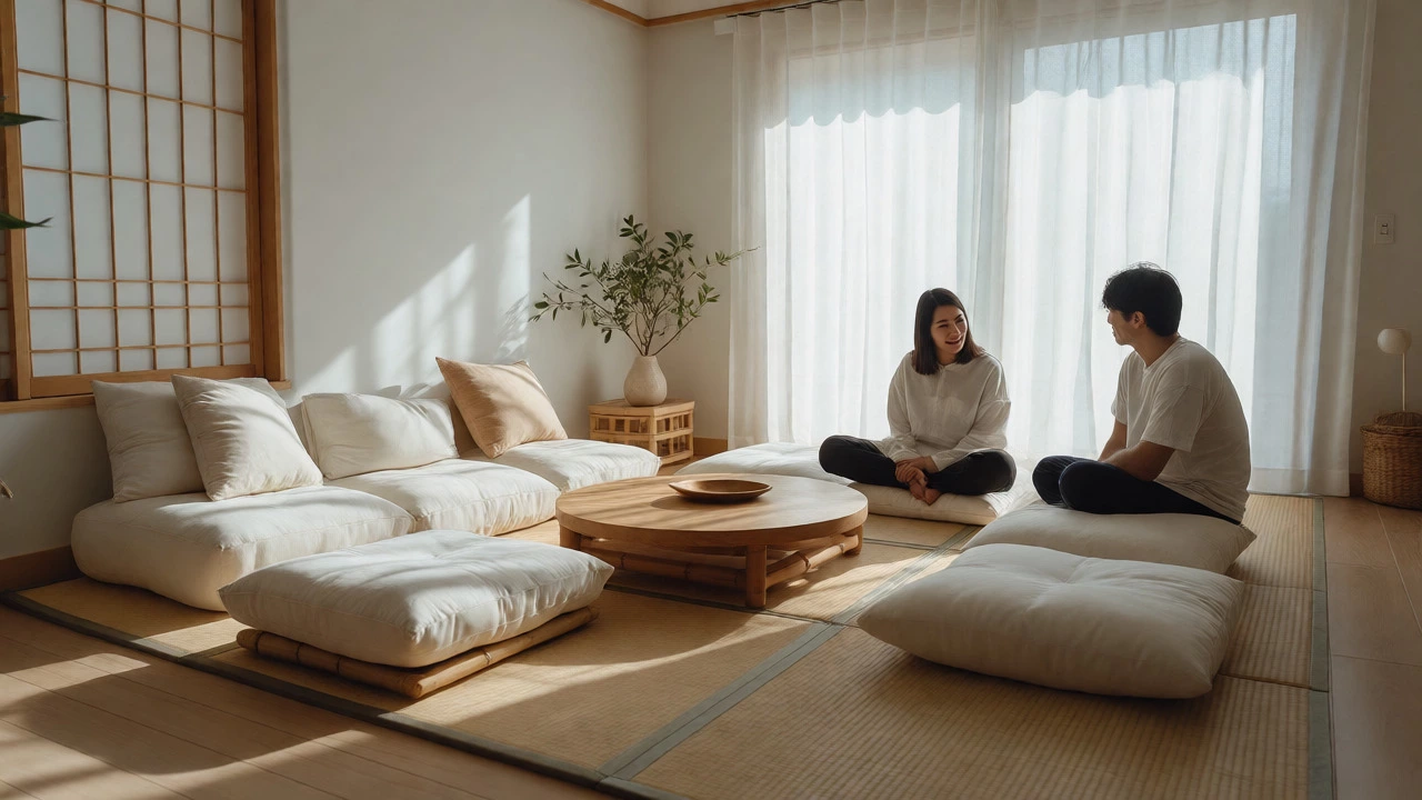 Minimalist living room with Japanese-style floor seating and low tables.