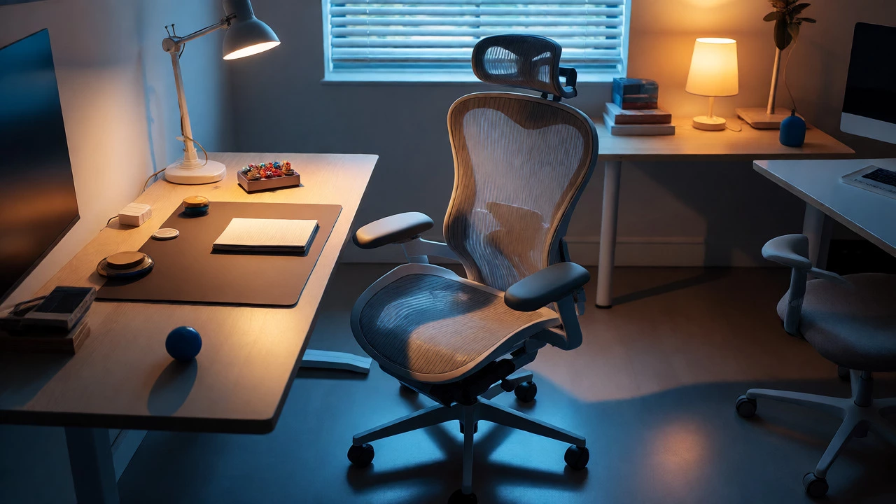 Modern home office with an ergonomic mesh chair and fidget tools on a warm-lit desk.
