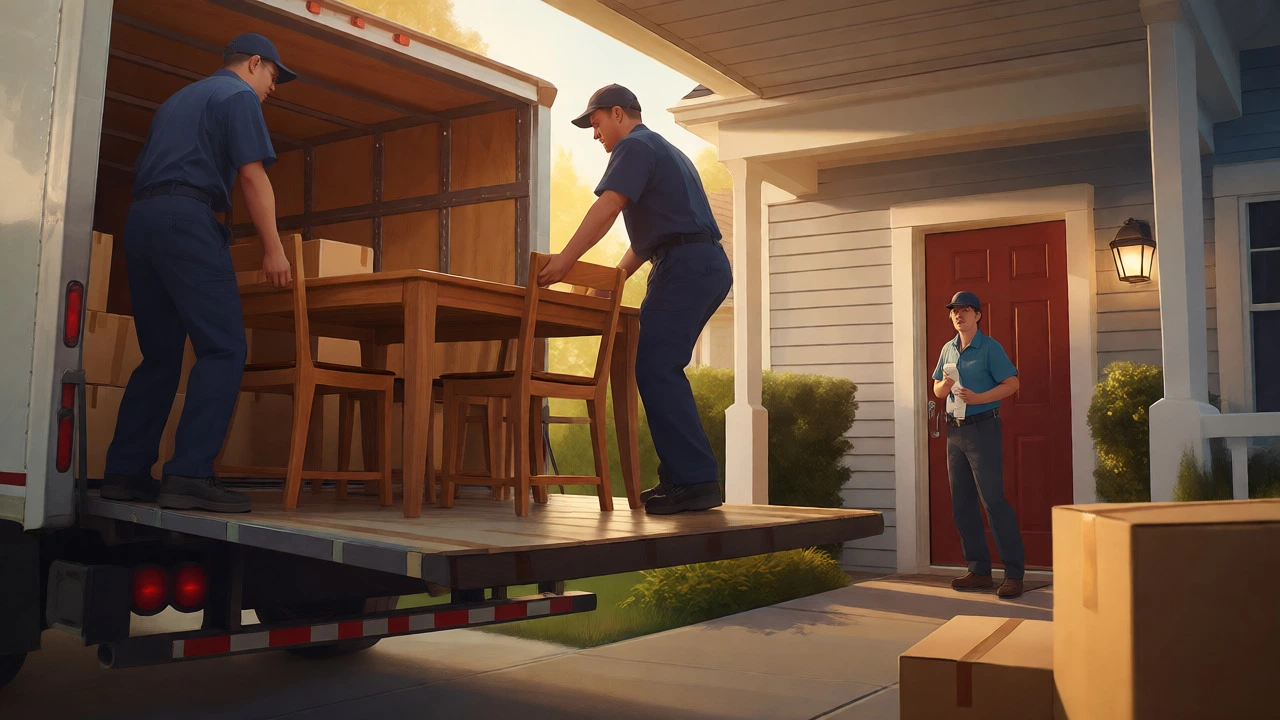 Movers delivering sturdy furniture to a home, highlighting reliability and return policy peace of mind.