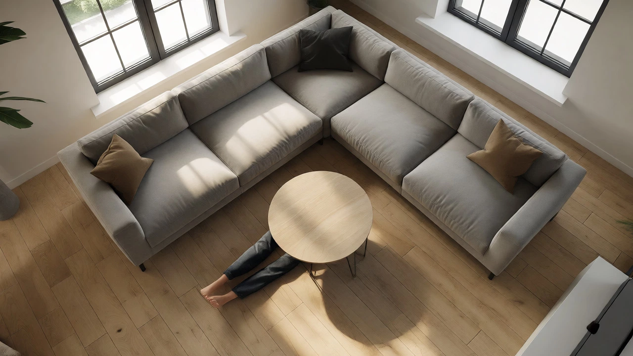 Off-center round coffee table placed near the corner of an L-shaped sectional sofa