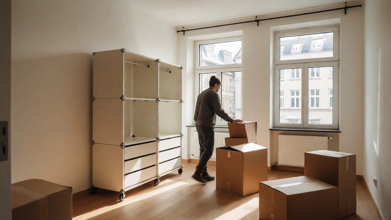 Person assembling a portable wardrobe in an empty rental apartment