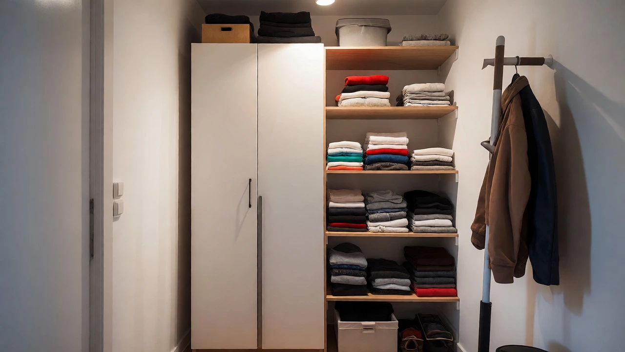 Tall narrow wardrobe and folded clothes on shelves in a small flat