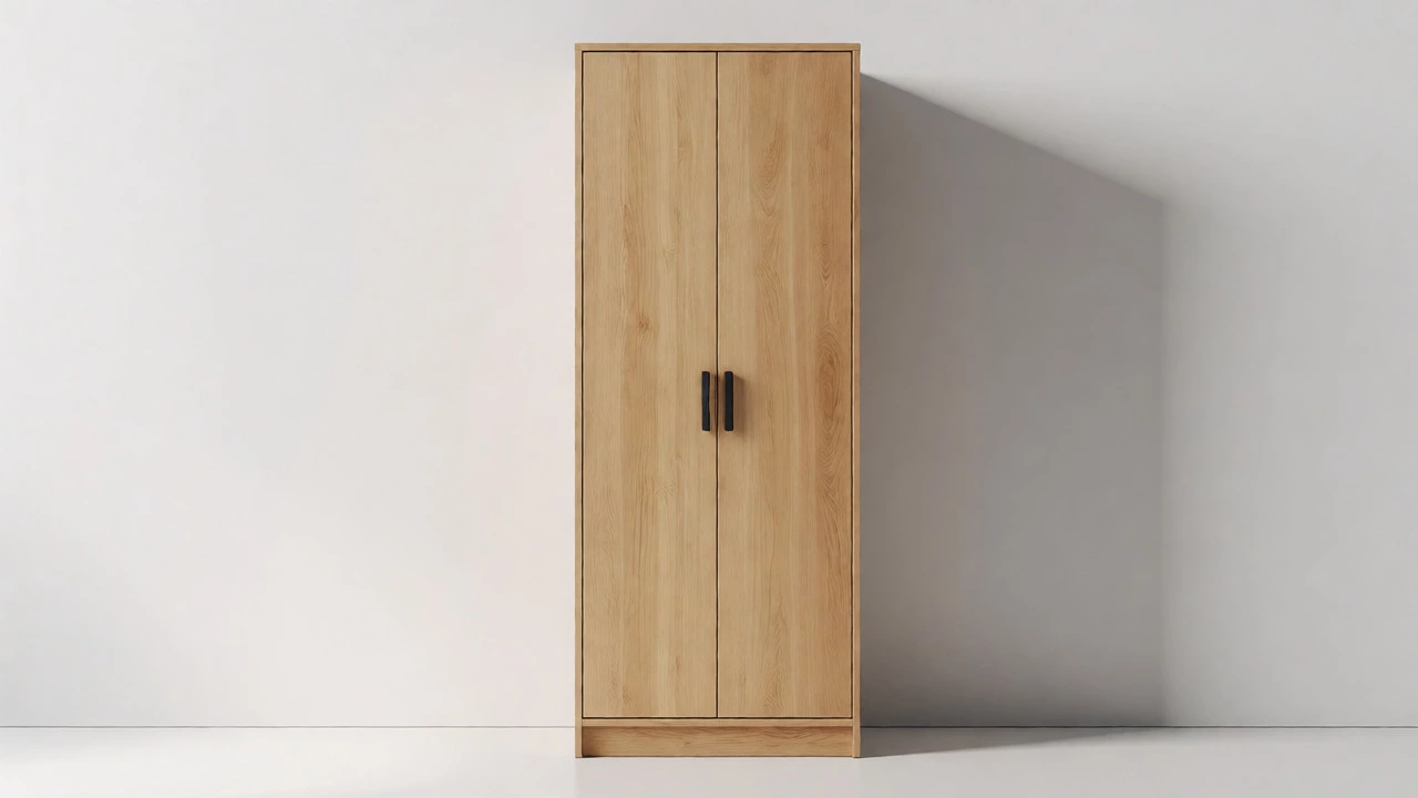 Tall slimline wooden armoire standing against a white wall in a modern room