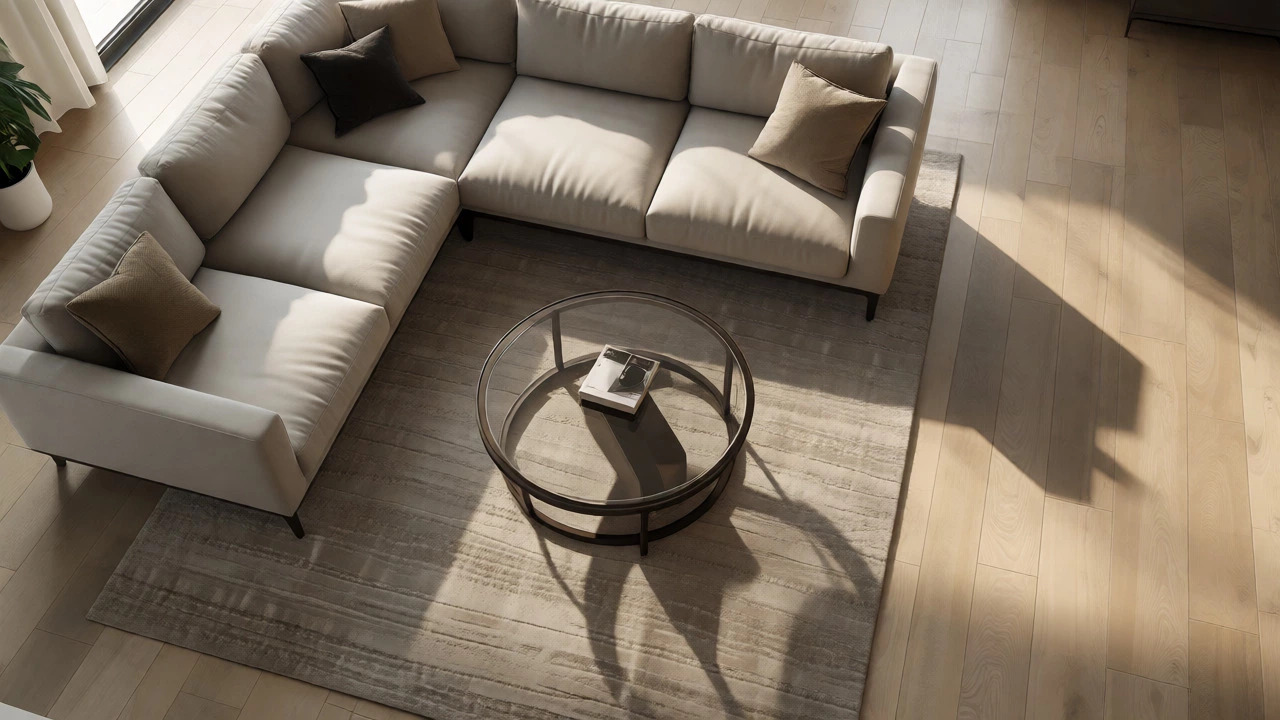 Top-down view of a sectional sofa and round glass table showing proper walkway clearance and rug placement.