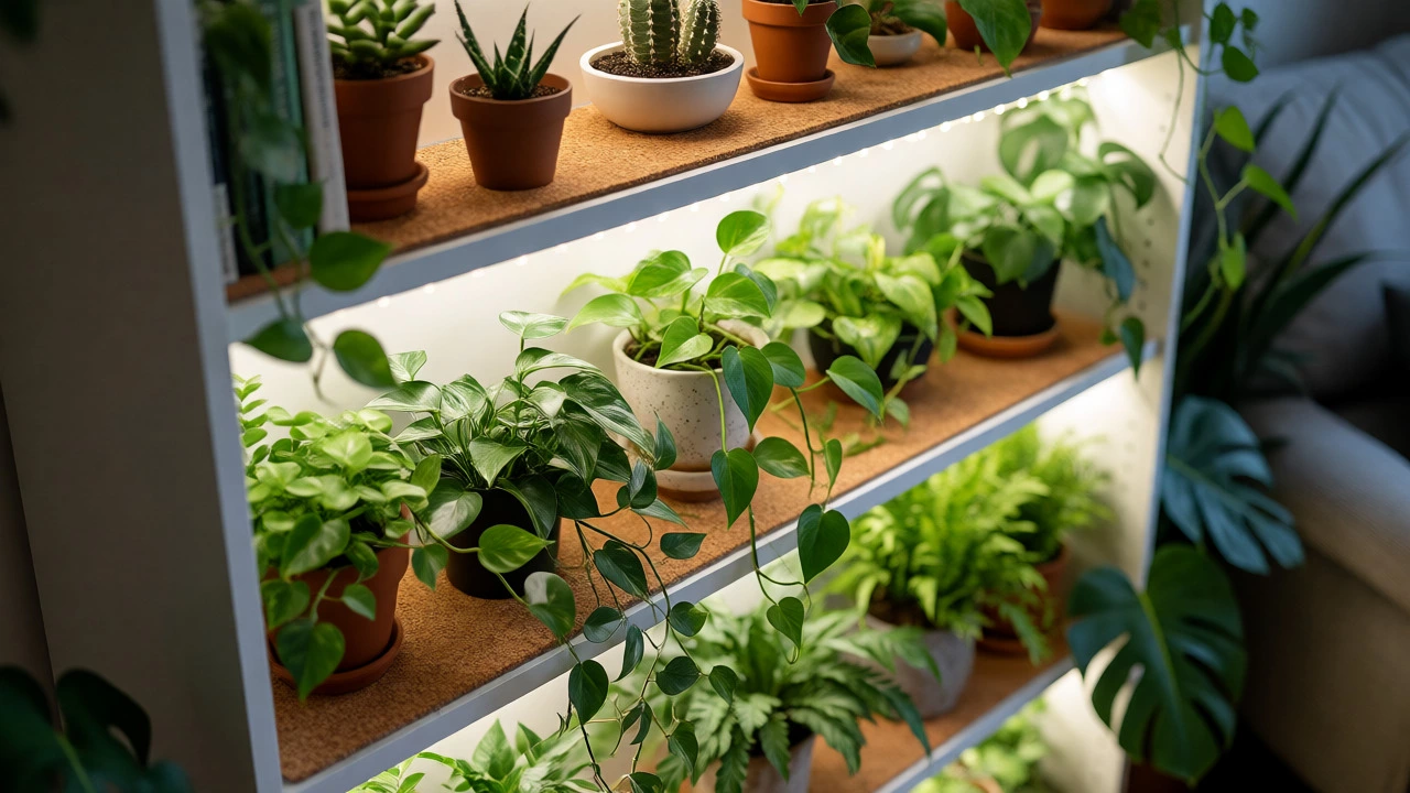 White bookcase filled with various potted plants serving as a vertical garden